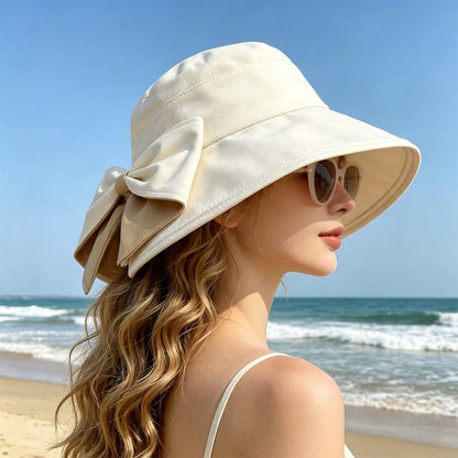 Wide Brim Bow Sun Hat Foldable Breathable Hat for Women - Beige