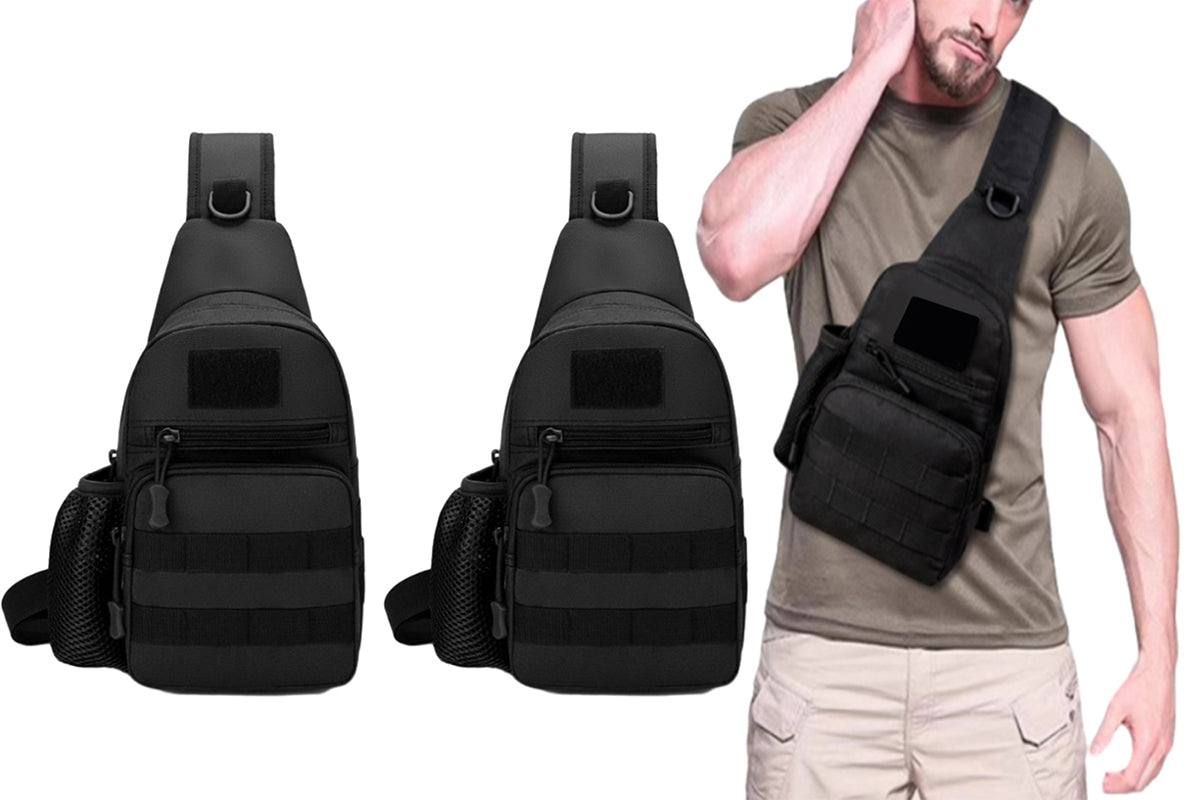 2Pcs Tactical Sling Bag Pack With Water Bottle Holder Shoulder Messenger Bag-Black