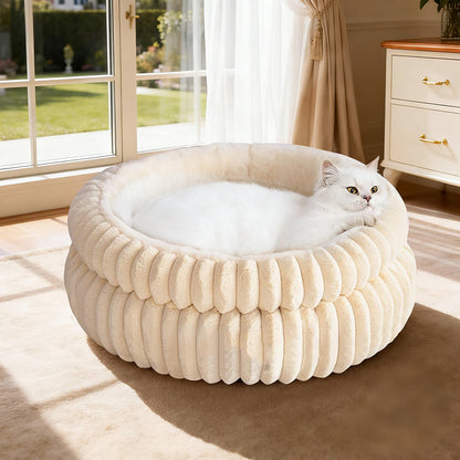 Donut Plush Pet Dog Cat Bed Fluffy Soft Warm Nest for Indoor Cats Small Dogs-Beige