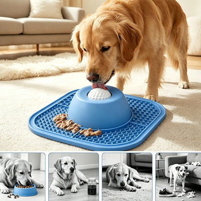 2 in 1 Dog Slow Feeder Bowl with Rolling Ball Lick Mat Non Slip Suction Cup-Blue