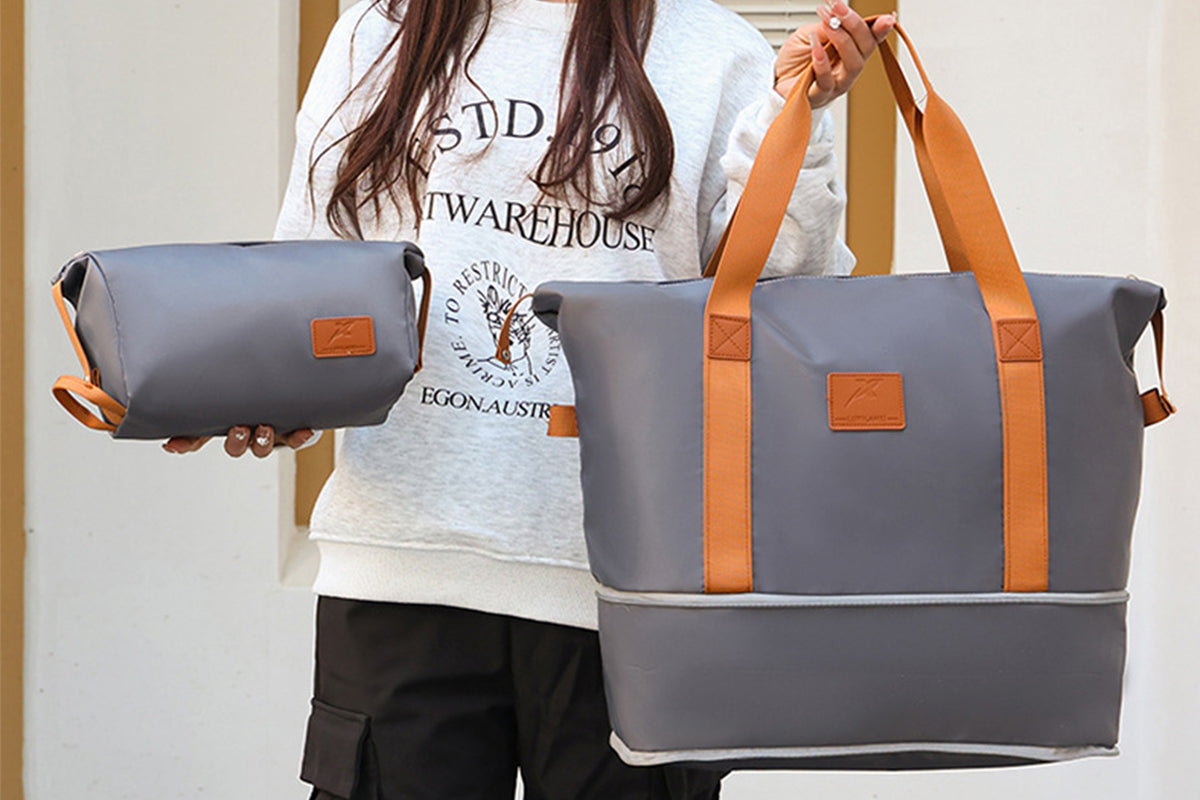 2Pcs Expandable Overnight Travel Duffel Bag Set Weekender Bag with Toiletry Bags -Grey