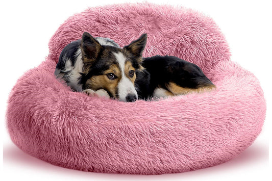 Calming Donut Dog Bed Anti-Slip Fluffy Plush Faux Fur Pet Bed for Most Dogs -Pink