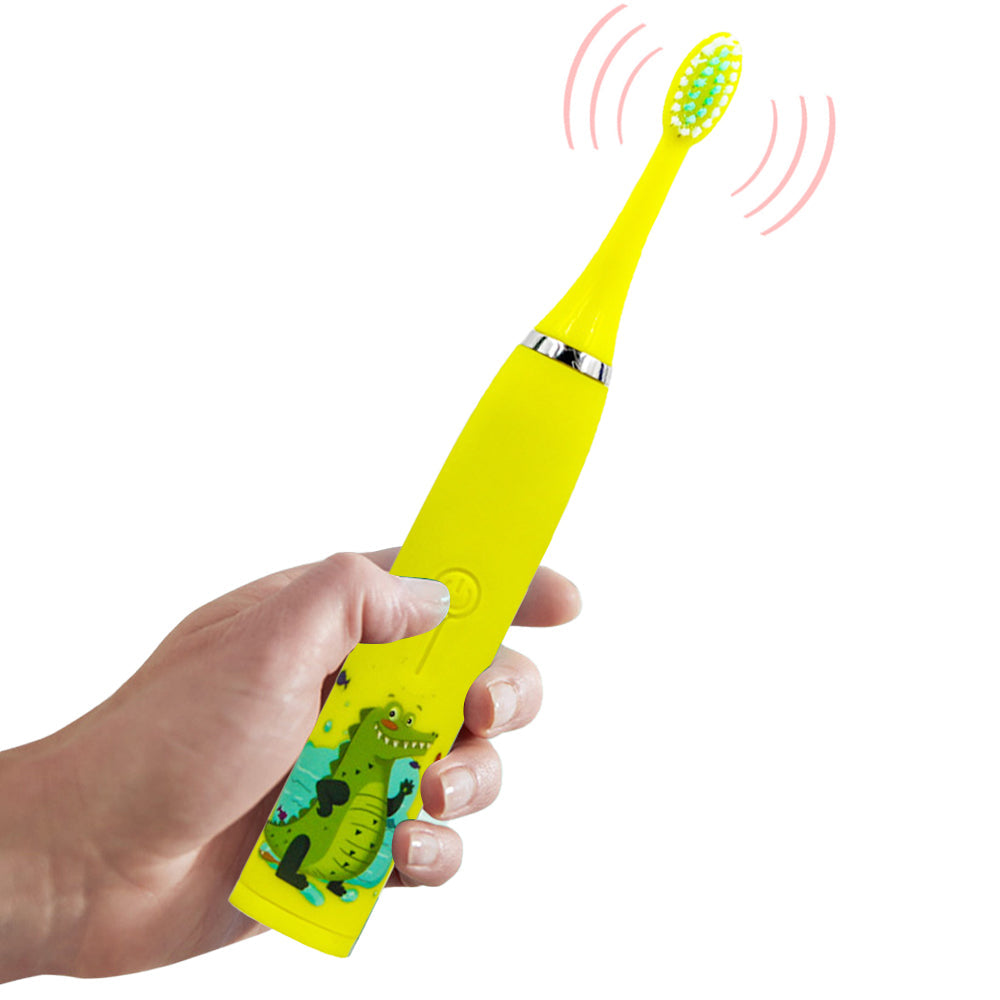 Kids Cartoon Electric Toothbrush Rechargeable Speed Control Toothbrush with 6 Replacement Heads Yellow