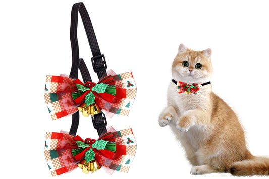 2Pcs Christmas Pet Bow Tie With Bell and Bow Dog Bow Tie Cat Kitten Plaid Collar-Style 2