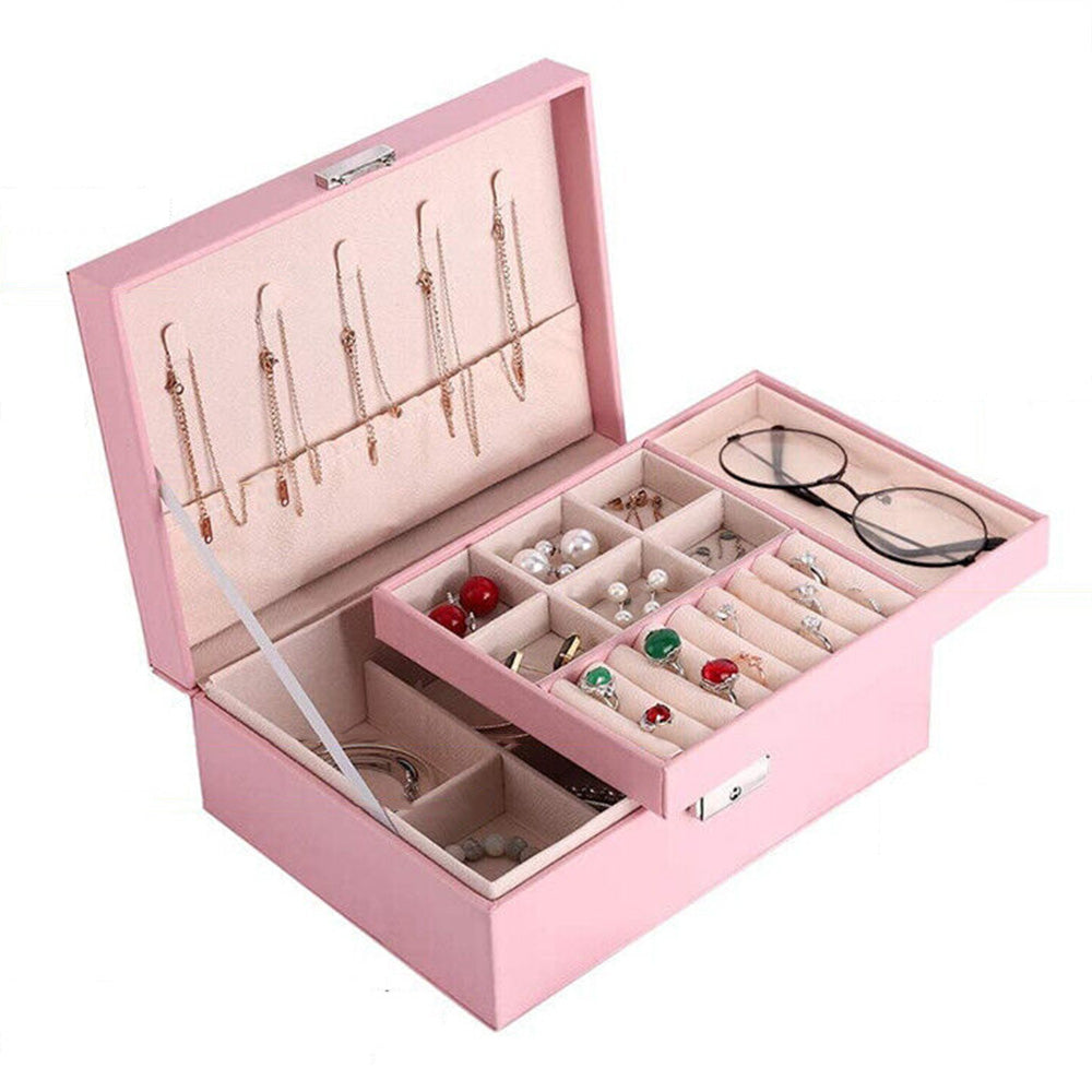 Jewellery Organiser Case Box Holder Storage Earring Ring Display with Lock and Key-Pink