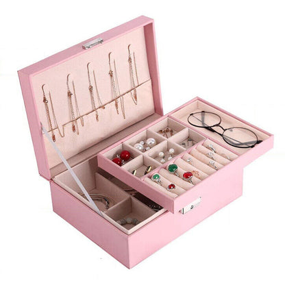 Jewellery Organiser Case Box Holder Storage Earring Ring Display with Lock and Key-Pink