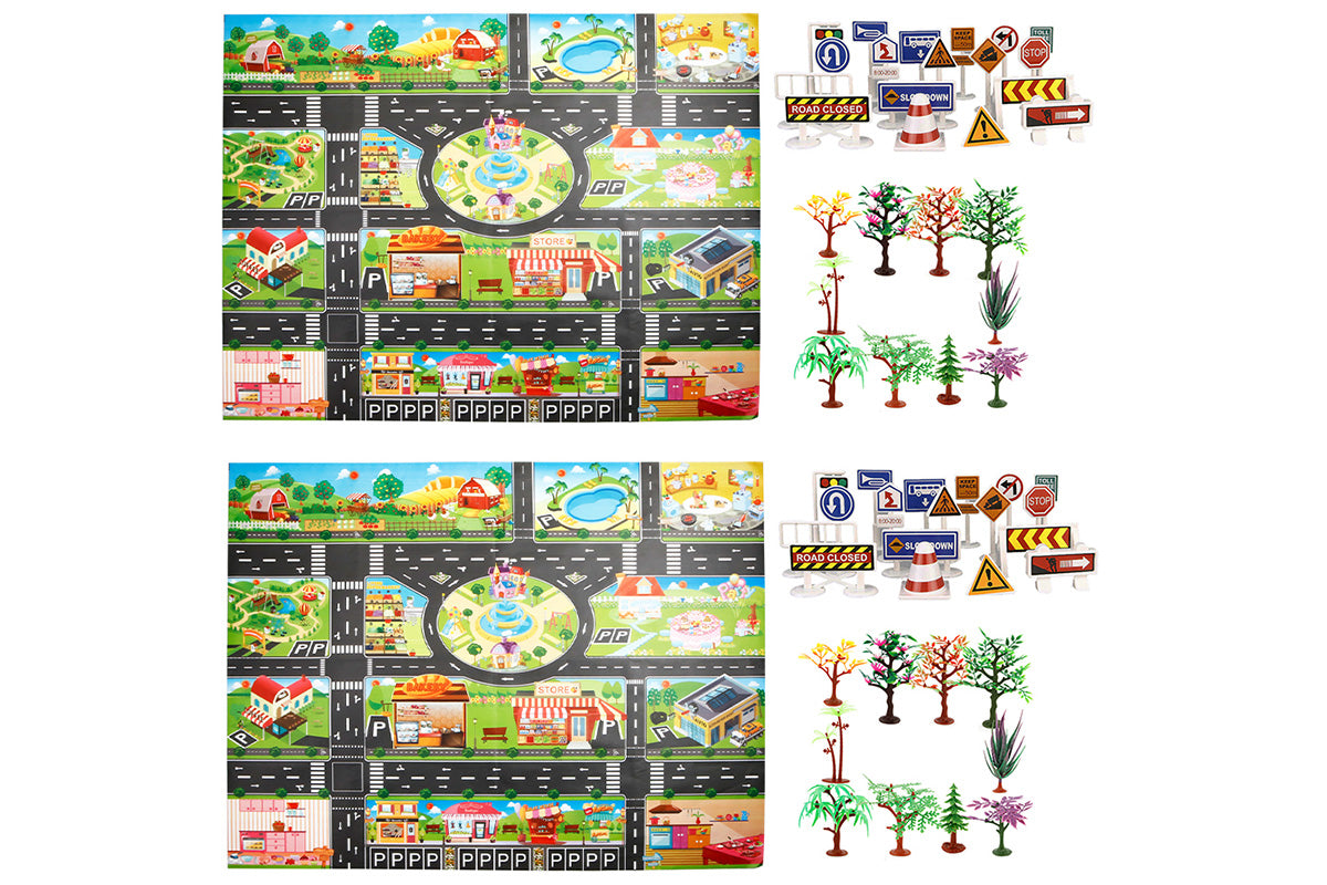 58Pcs Floor Play Mat Rug Traffic Road Signs Car Track City Carpet Toy with 10 Trees