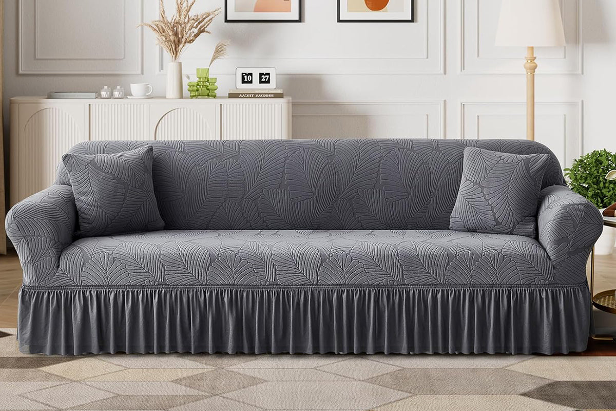 Sofa Cover with Skirt Stretch Sofa Slipcover Non-Slip Soft Couch Cover -Dark Grey