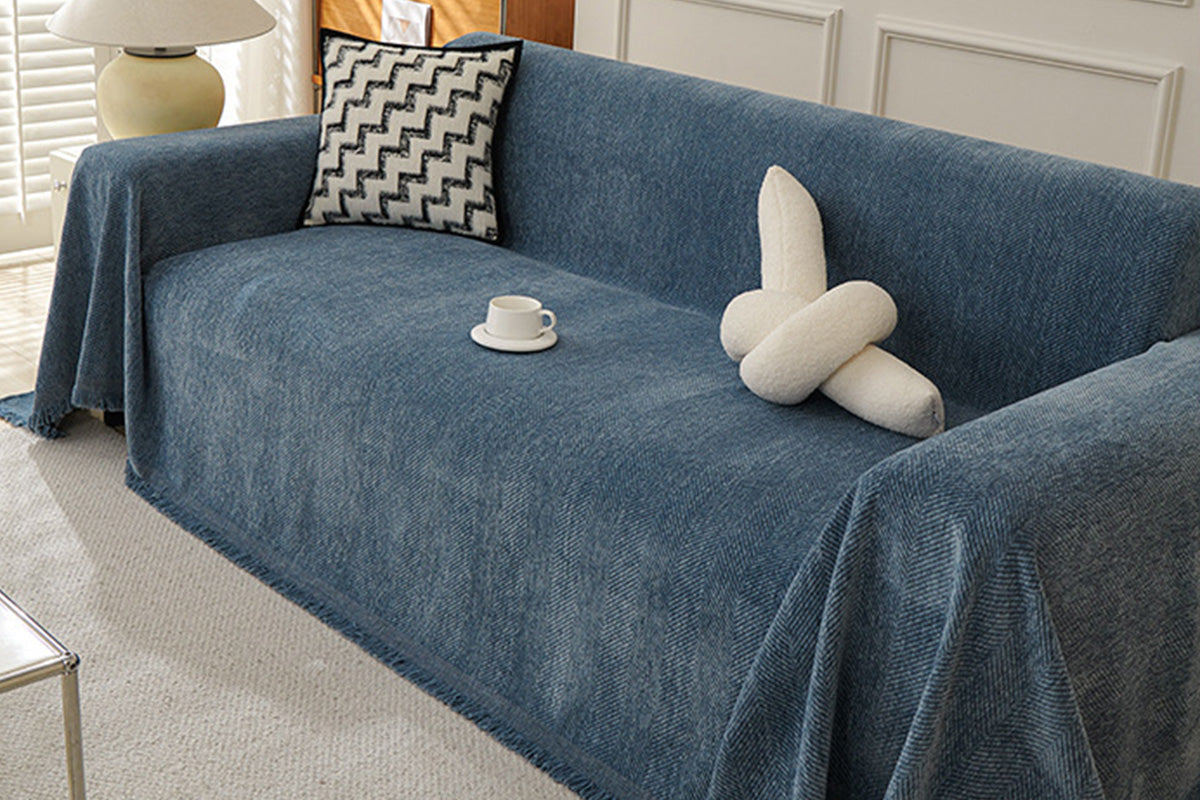 Herringbone Tassel Sofa Throw Cover Large Blanket - Blue