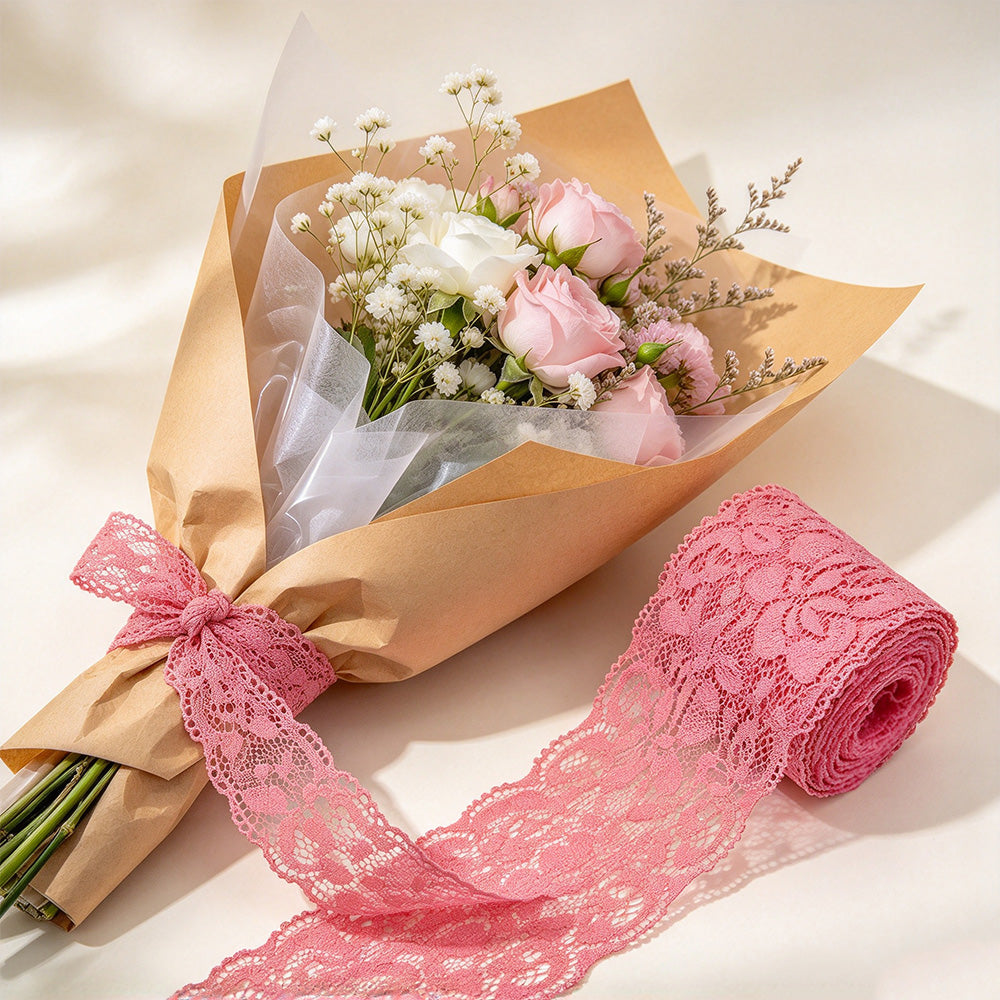 10 Yards Elastic Floral Lace Trim Stretch Ribbon for Sewing and DIY Crafts - Pink