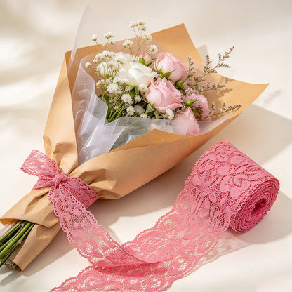 10 Yards Elastic Floral Lace Trim Stretch Ribbon for Sewing and DIY Crafts - Pink