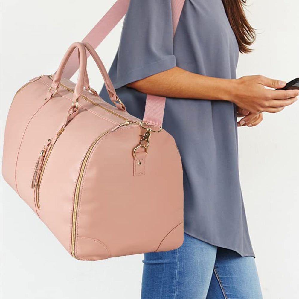 Water-Resistant Garment Duffle Bag Duffle Bag PU Leather Travel Bag -Pink