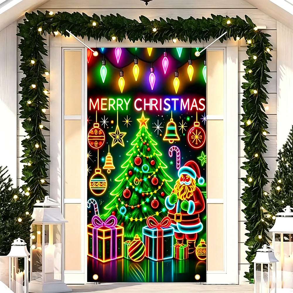 90x180cm 2D UV Reactive Christmas Glow Door Curtain - Santa Claus and Christmas Tree