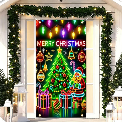 90x180cm 2D UV Reactive Christmas Glow Door Curtain - Santa Claus and Christmas Tree