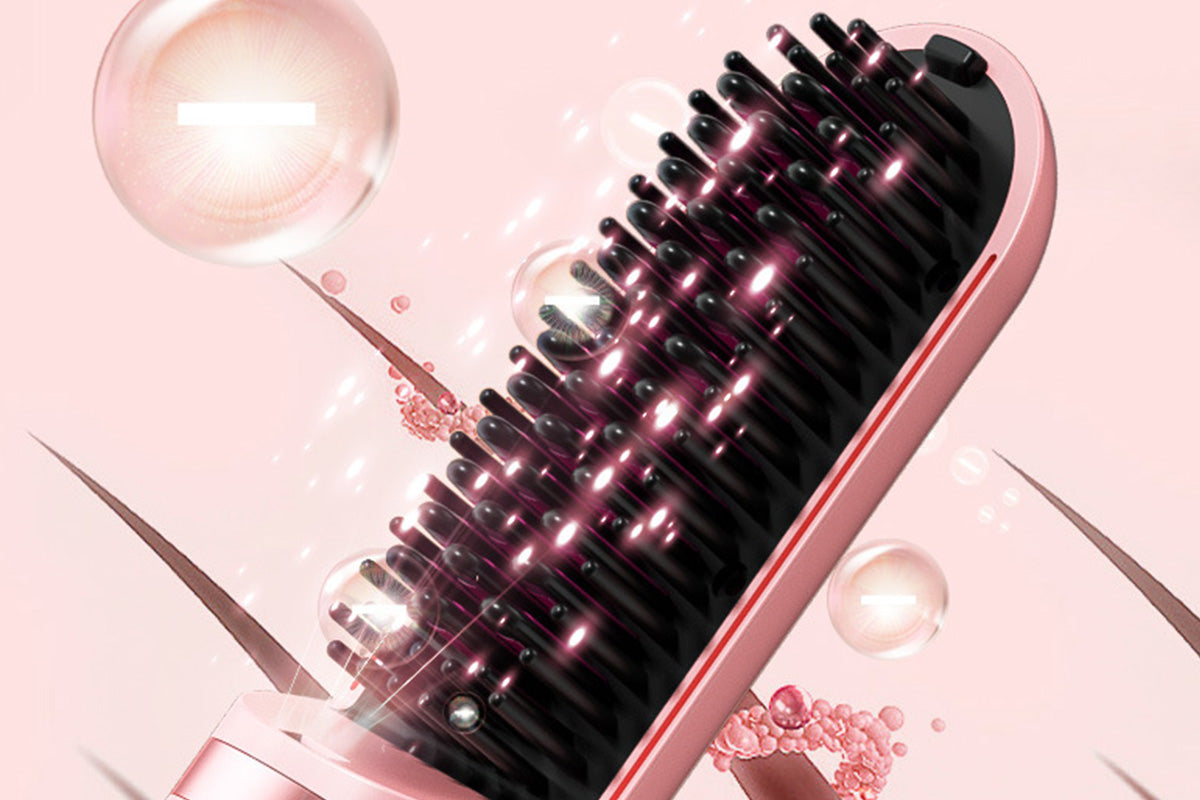 Hair Straightener Brush Anti-Scald Portable Straightening Brush Styling Tools -Pink