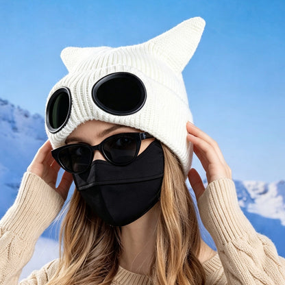 Double Layer Knit Winter Beanie with Goggles - White