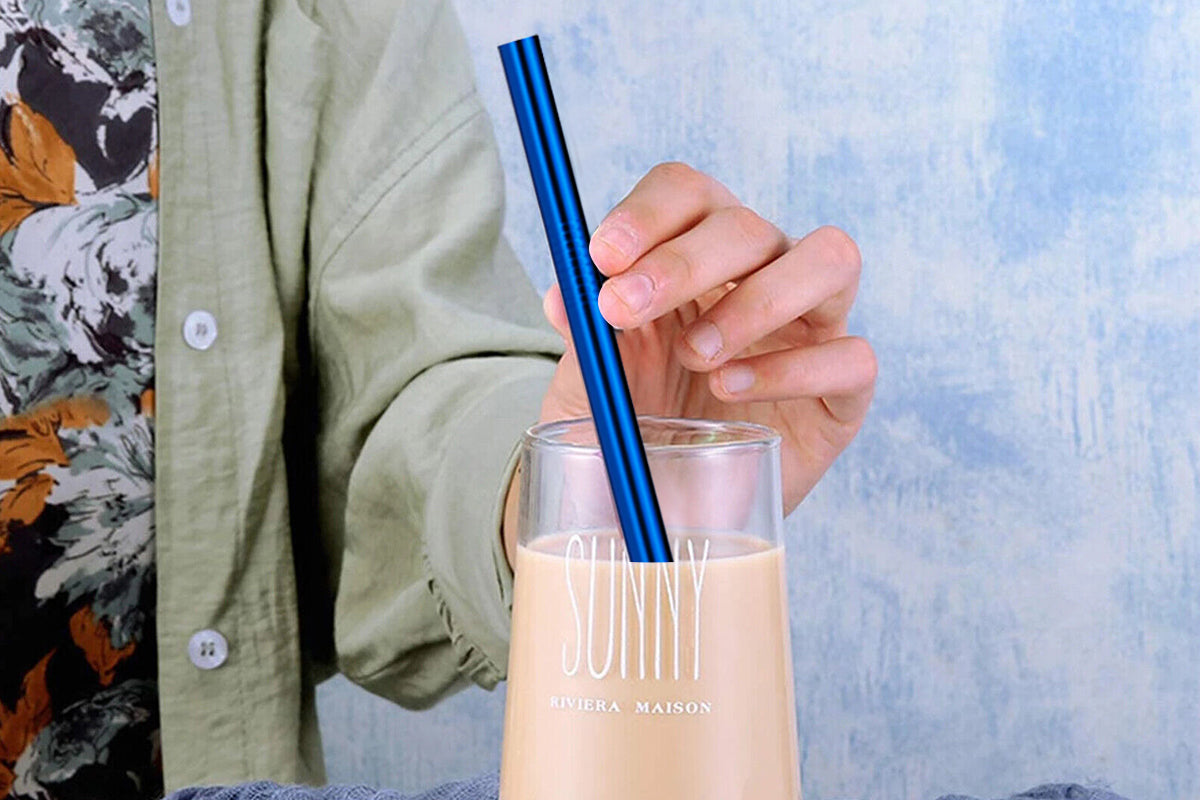 7Pcs BOBA Bubble Tea Straw Extra Wide Stainless Steel Metal Reusable Straws Pack Reusable Metal Straws Best For Drinking Bubble-Blue
