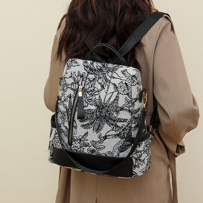 Printed Anti-theft Backpack Multifunctional Large Capacity Travel Bag Black