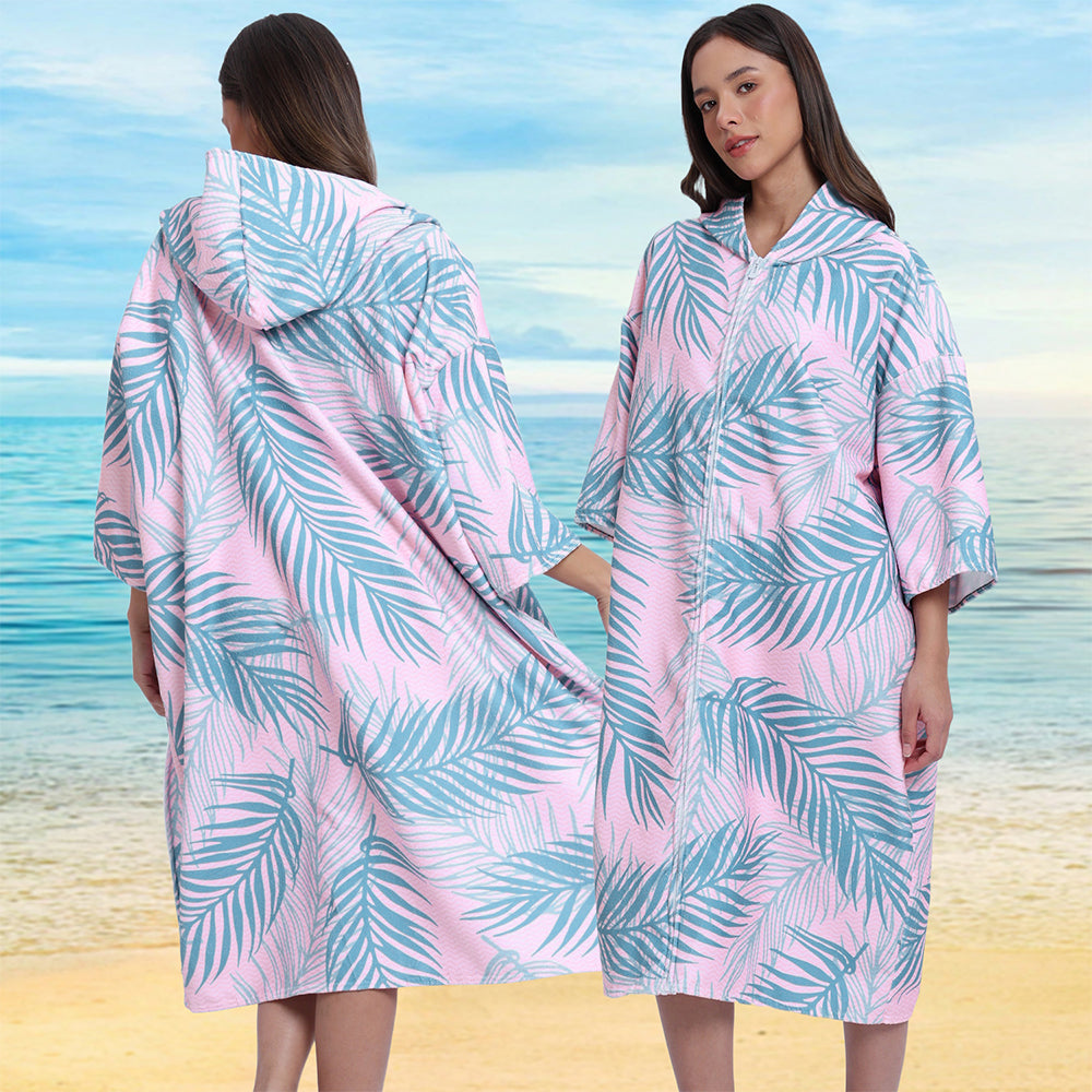 Unisex Hooded Towel Poncho Swim Parka for Adults - Pink Leaf