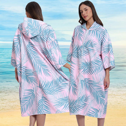 Unisex Hooded Towel Poncho Swim Parka for Adults - Pink Leaf