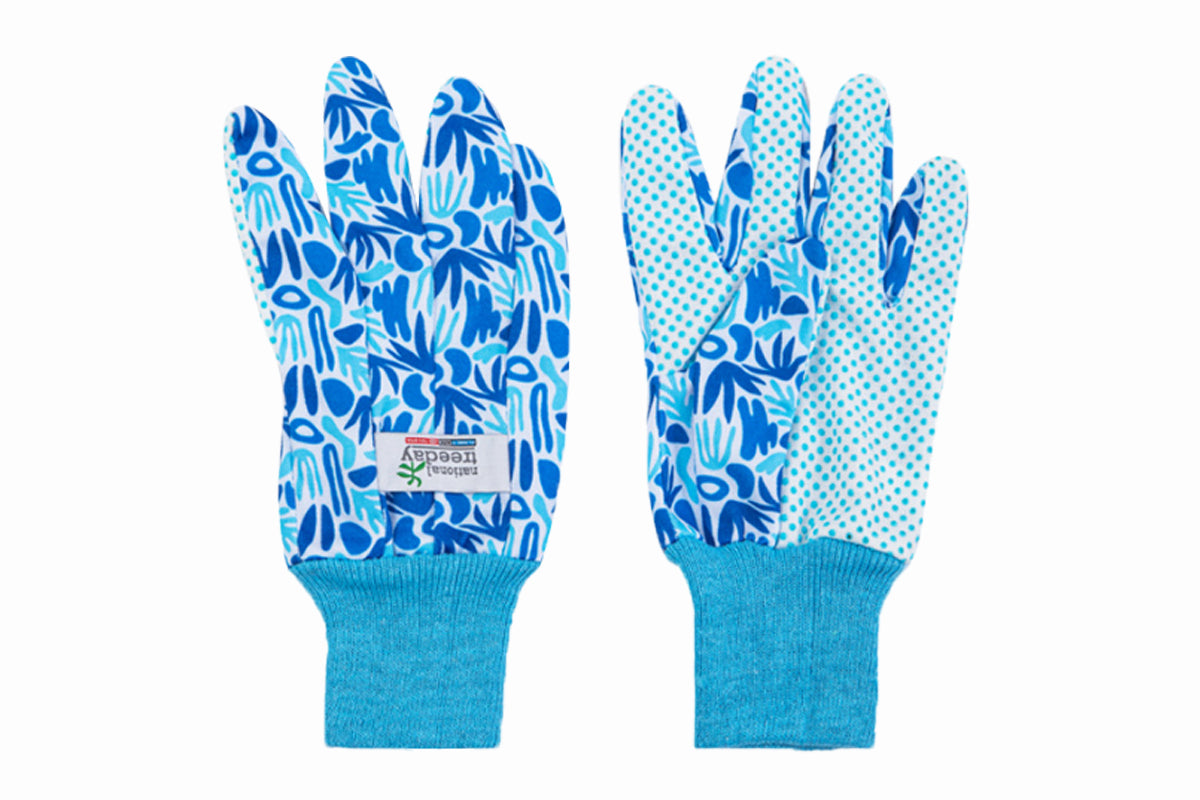 Polyester Floral Gardening Gloves Soft Breathable Yard Work Glove-Blue