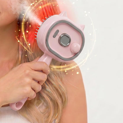 Electric Spray Hair Brush with Cat Ear Design and One Click Cleaning - Pink