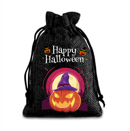 12 Pack Halloween Burlap Drawstring Gift Bags with Pumpkin Ghost Designs - Black