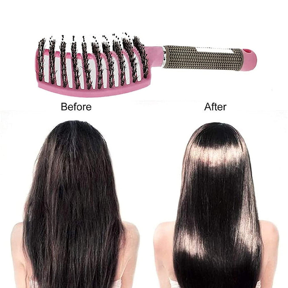Detangle Nylon Boar Bristle Brush Head Scalp Massage Comb For Fine Hair-Pink