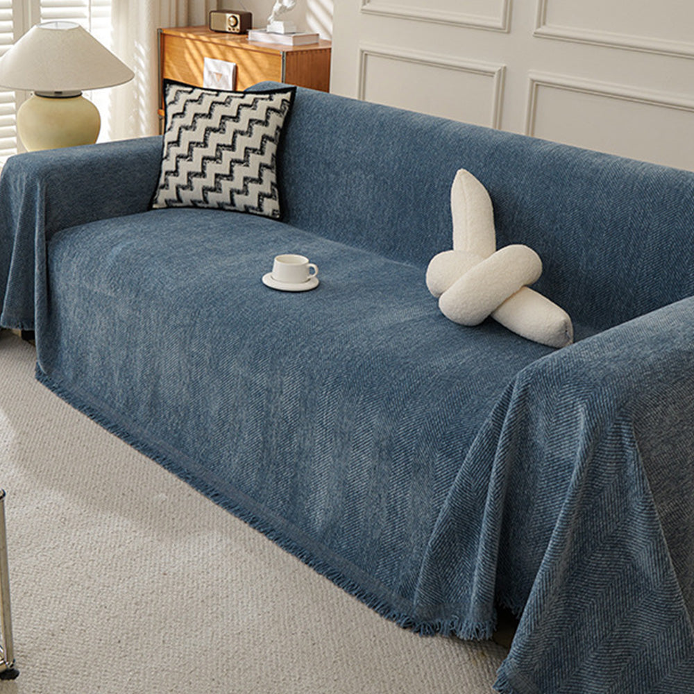 Herringbone Tassel Sofa Throw Cover Large Blanket for Couch Furniture Protector-Blue
