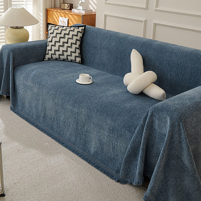 Herringbone Tassel Sofa Throw Cover Large Blanket for Couch Furniture Protector-Blue