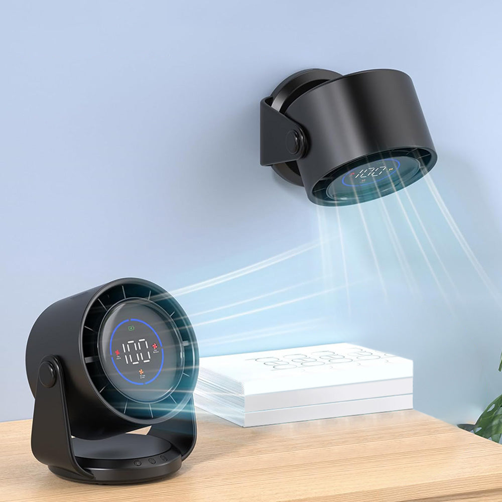 Quiet Table Fans Wall-Mounted Digital Display Rechargeable Fan for Home Office Kitchen Travel Camping Black