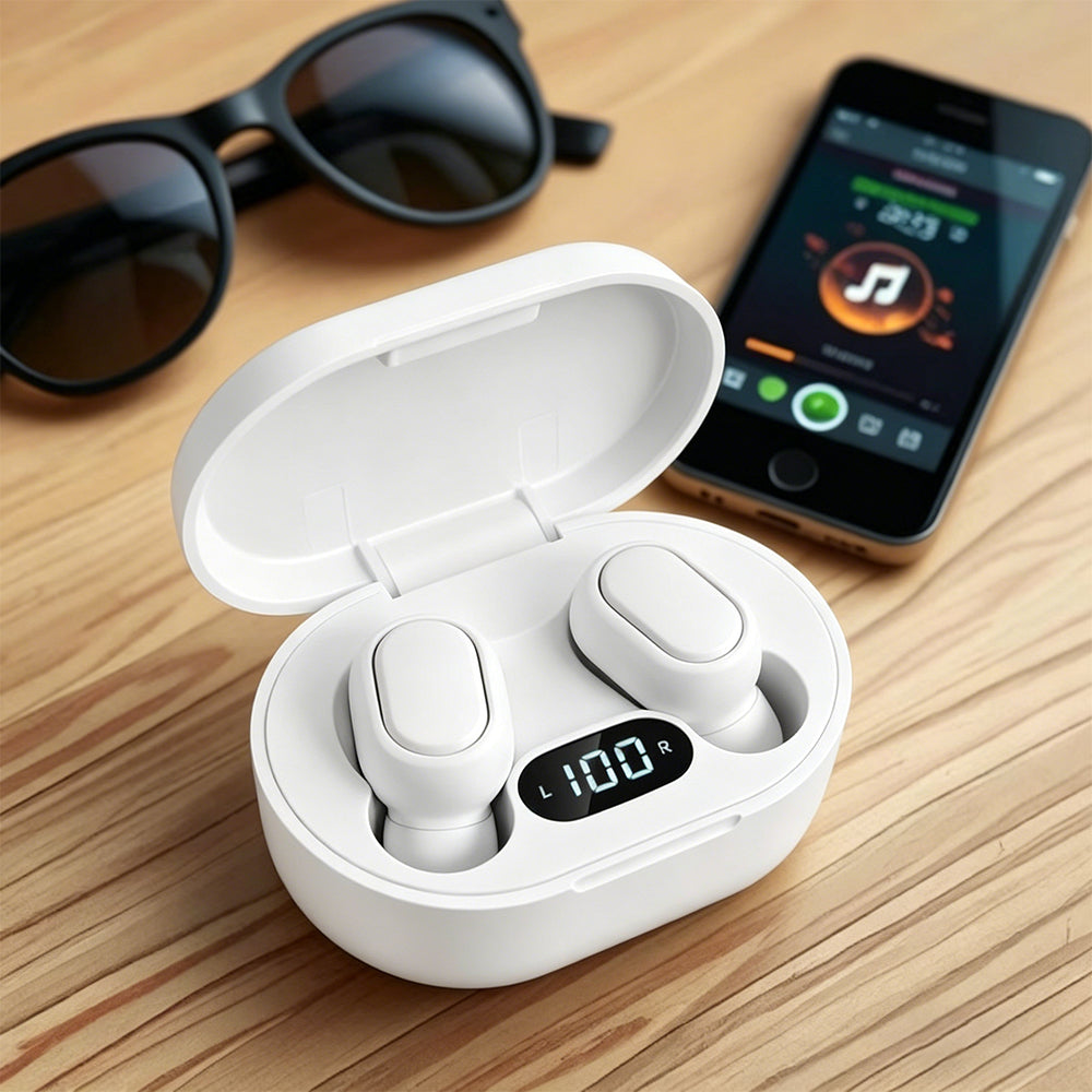 Bluetooth 5.1 Wireless Earbuds with LED Display IPX4 Waterproof Headphones-White