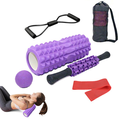 6Pcs Foam Roller Set with Massage Stick and Resistance Band-Purple