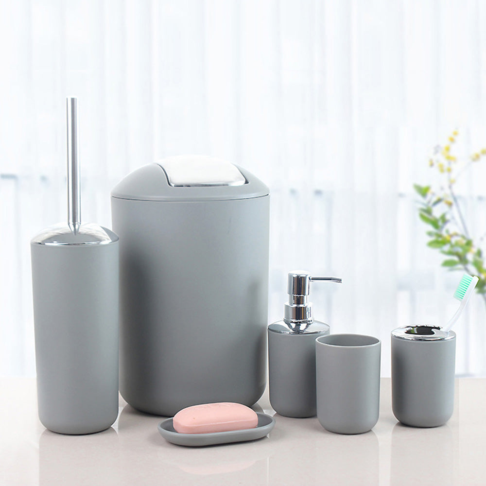6 Piece Bathroom Accessories Set Soap Dish Soap Dispenser Toothbrush Holder Toilet Brush Trash Bin-Grey