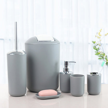 6 Piece Bathroom Accessories Set Soap Dish Soap Dispenser Toothbrush Holder Toilet Brush Trash Bin-Grey
