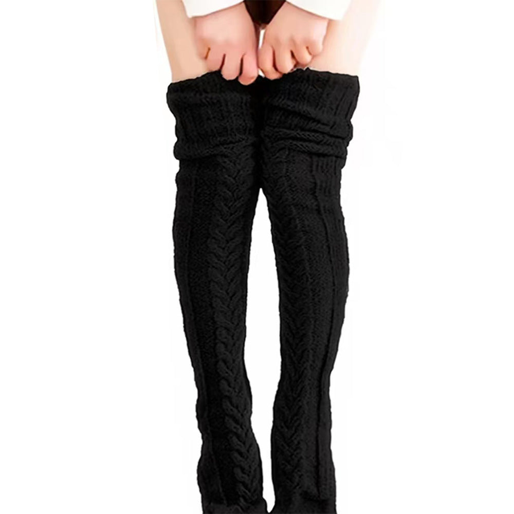 Women's Knitted Over Knee Socks Thick and Warm Long Stockings-Black