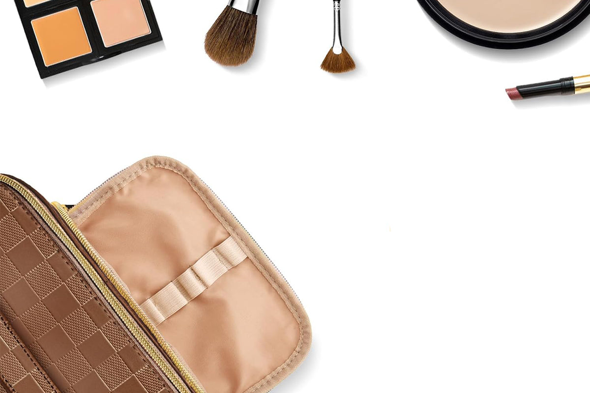 Large Capacity PU Leather Water-Resistant Checkered Cosmetic Bag Travel Makeup Bag-Brown