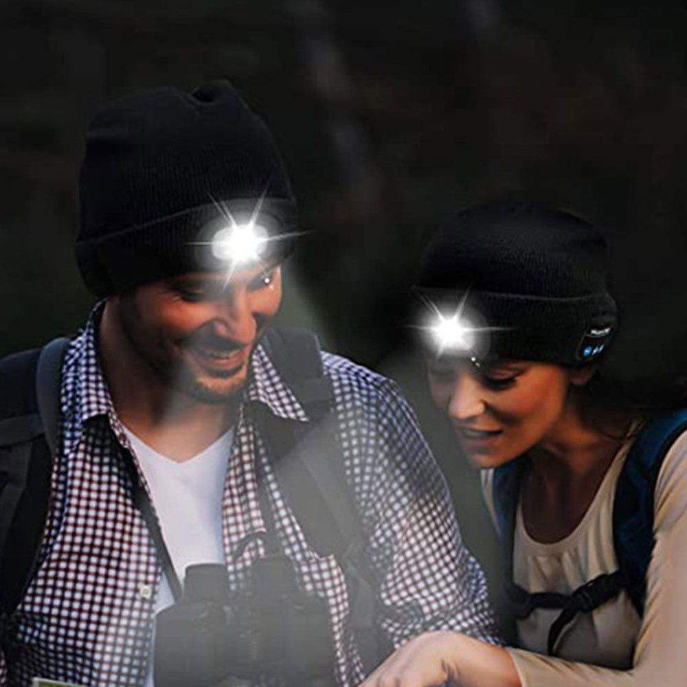 Unisex Wireless Bluetooth Headphone Hat LED Torch Beanies Black