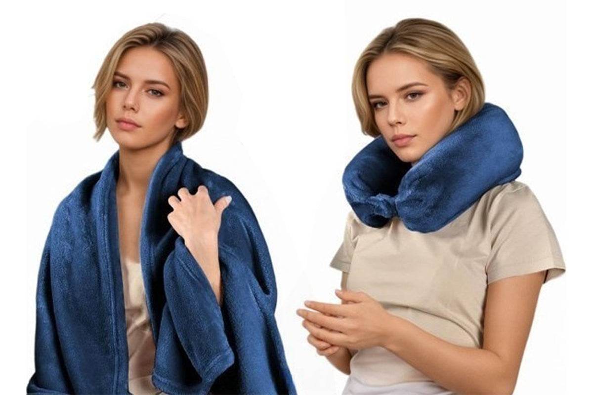 2 in 1 Travel Blanket and Pillow Flannel Blanket with Neck Pillow Case for Airplane Camping-Grey