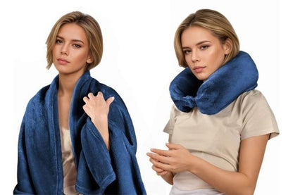 2 in 1 Travel Blanket and Pillow Flannel Blanket with Neck Pillow Case for Airplane Camping-Grey