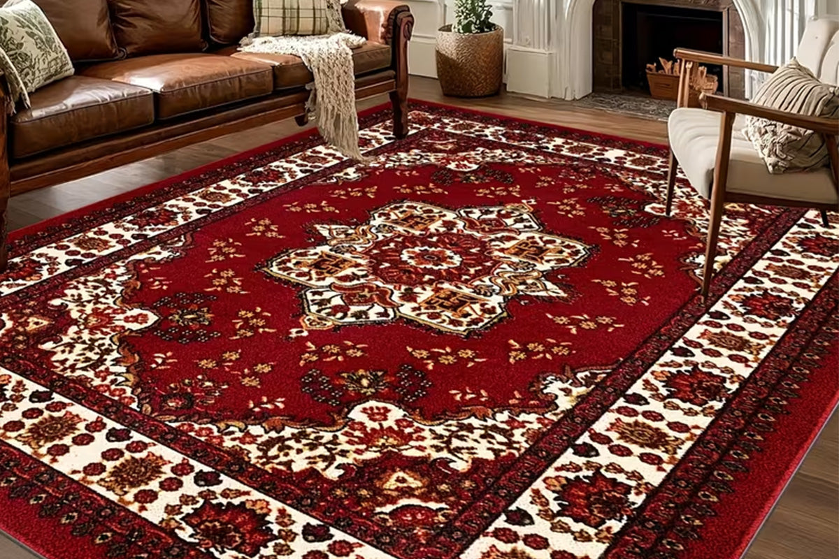 Vintage Boho Rug Non-Slip Floor Carpet - Red