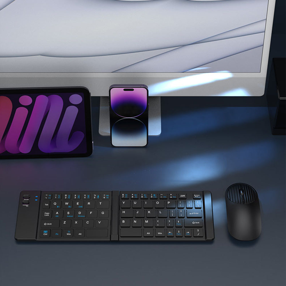 Foldable Wireless Keyboard Mouse Set Tri-Mode Bluetooth 2.4G Rechargeable - Black