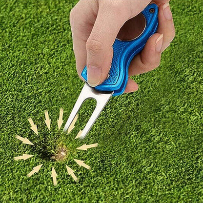 2PCS Magnetized Golf Divot Repair Tool with Pop-up Fork and Ball Marker Blue