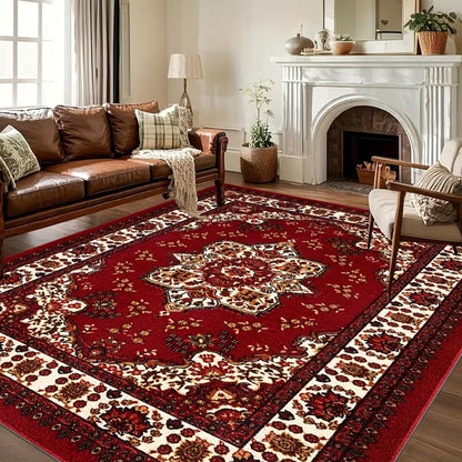 Crystal Velvet Vintage Boho Rug Non-Slip Floor Carpet for Bedroom Dining Room-Red