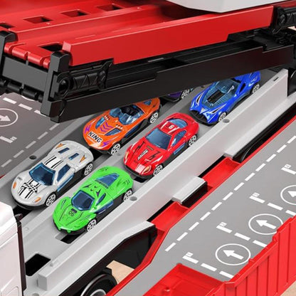 Transform Carrier Truck Race Track Toys with 8 Mini Race Cars Red