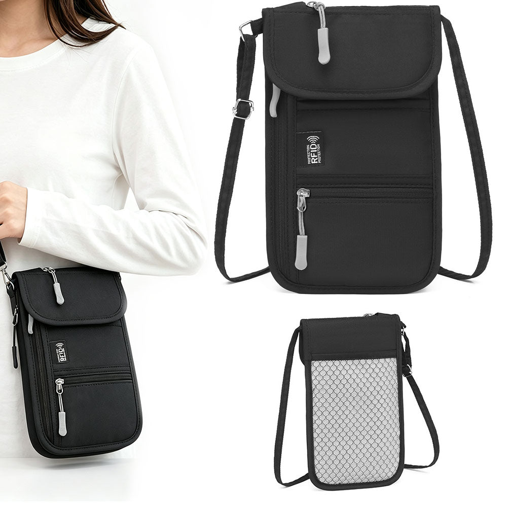 RFID Lined Travel Passport Holder Neck Wallet- Black