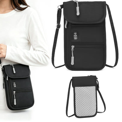 RFID Lined Travel Passport Holder Neck Wallet- Black