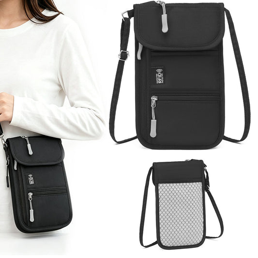 RFID Lined Travel Passport Holder Neck Wallet- Black