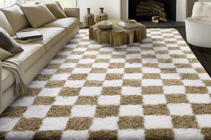 Checkered Plush Shaggy Rug Non Slip Carpet - Khaki