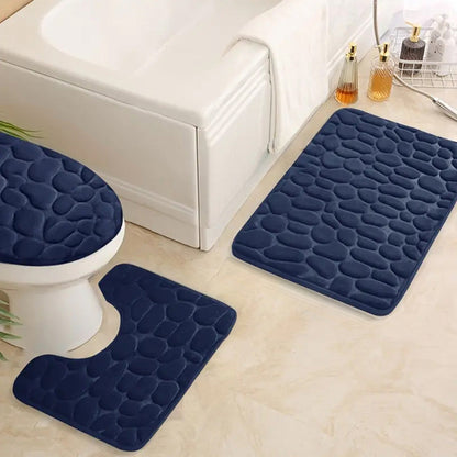 3 Piece Set Bathroom Mats Pebble Pattern Floor Mat Navy